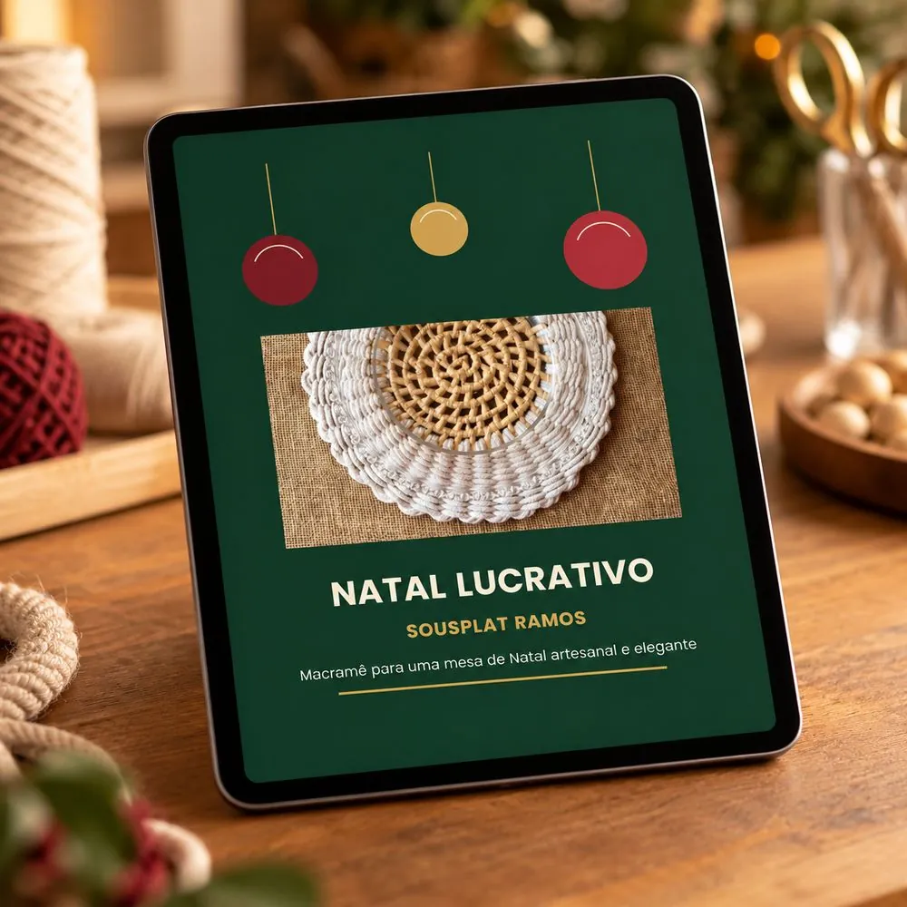 Tablet sobre a mesa mostrando o PDF da peça Sousplat Ramos, do Natal Lucrativo