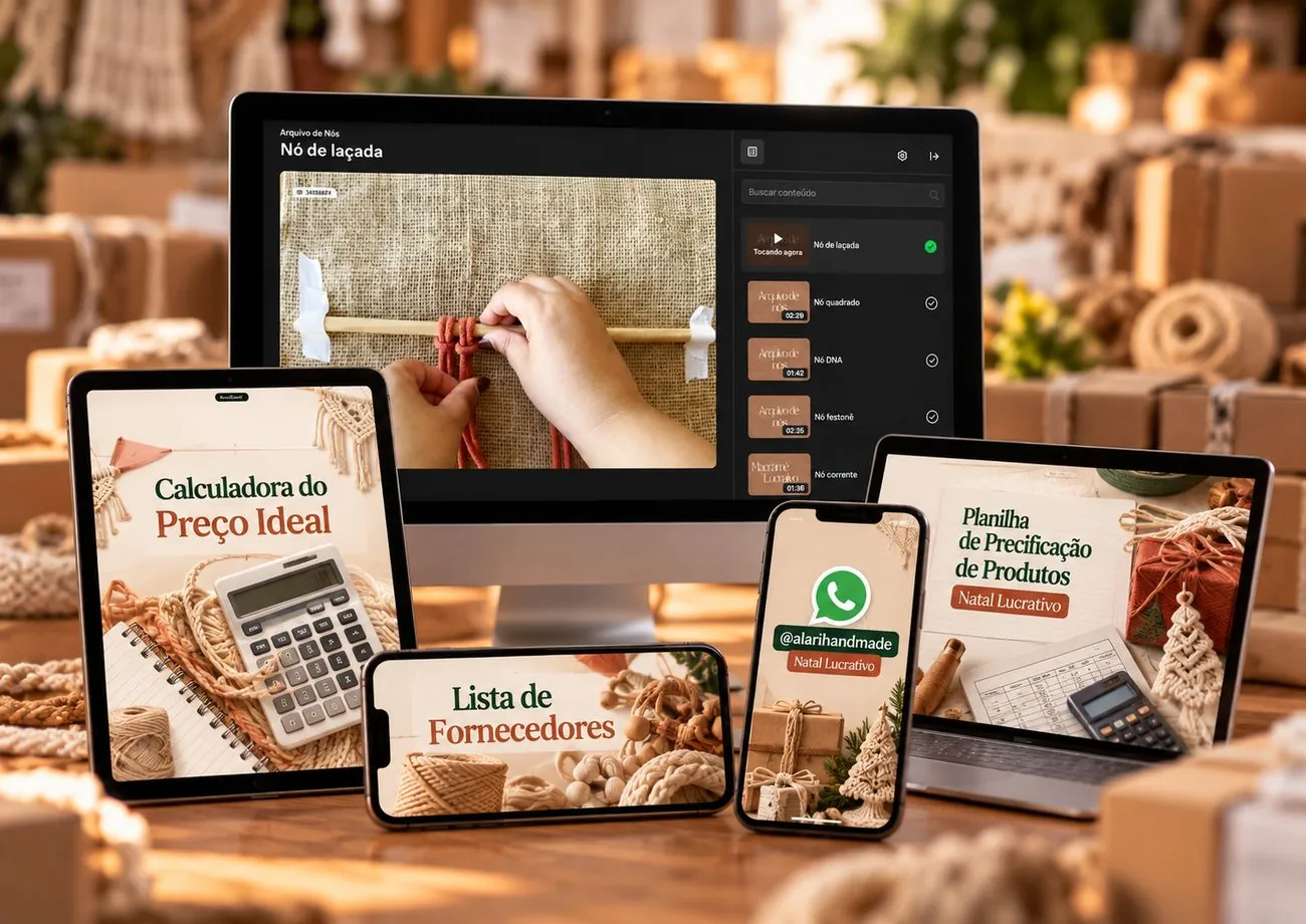 Tudo o que vem no Natal Lucrativo: aula no computador, Calculadora do Preço Ideal no tablet, Lista de Fornecedores, comunidade no WhatsApp e Planilha de Precificação